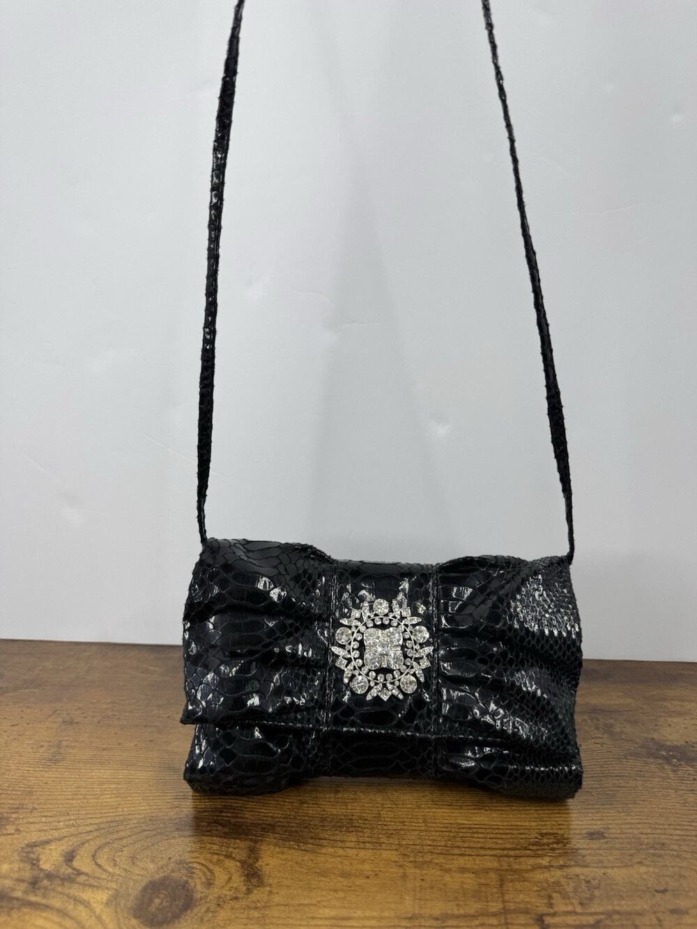 IMAN Global Chic Black Faux Snakeskin Bow Rhinestone Clutch Crossbody Bag